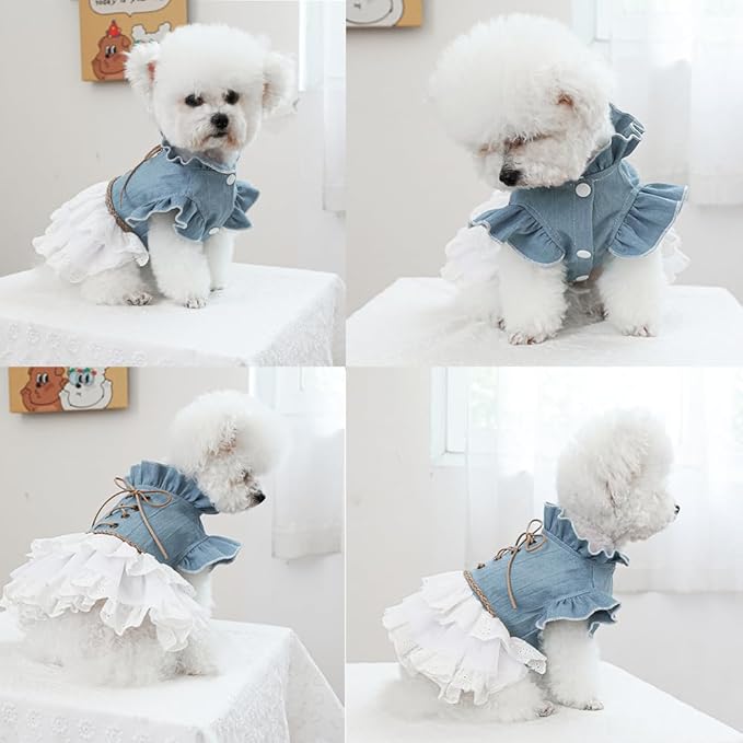Pink Dog Dress for Small Dog Girl Spring Puppy Clothes with Bow Puff Sleeves Cat Outfit Doggy Princess with Leash Ring Doggies Harness Dress Summer Pet Apparel (Blue, X-Small)