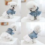 Pink Dog Dress for Small Dog Girl Spring Puppy Clothes with Bow Puff Sleeves Cat Outfit Doggy Princess with Leash Ring Doggies Harness Dress Summer Pet Apparel (Blue, X-Small)