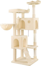 WEEWAY 63in Cat Tree Tower for Indoor Cats, Multi-Level Activity Center with Unique Feline Ear-Style Perch, 2 Cozy Condos, Climbing Ladder, Sisal Scratching Posts, Hanging Balls, Beige