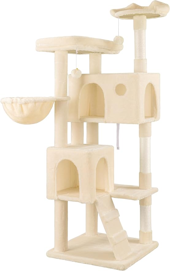 WEEWAY 63in Cat Tree Tower for Indoor Cats, Multi-Level Activity Center with Unique Feline Ear-Style Perch, 2 Cozy Condos, Climbing Ladder, Sisal Scratching Posts, Hanging Balls, Beige