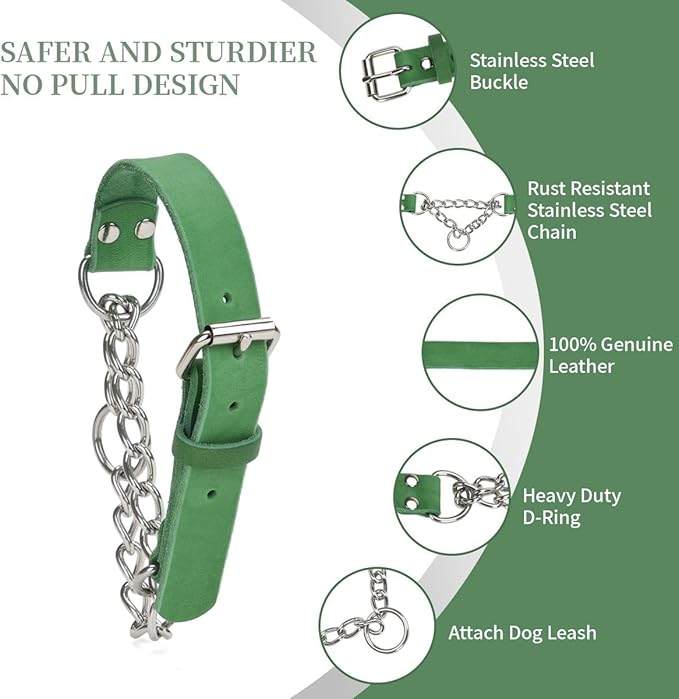 Martingale Collar for Dogs No-Pull Adjustable Training Collar with Stainless Steel Chain - Genuine Leather Anti-Slip Design for Small,Medium,Large Breed Dogs - Green (L)