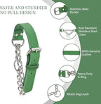 Martingale Collar for Dogs No-Pull Adjustable Training Collar with Stainless Steel Chain - Genuine Leather Anti-Slip Design for Small,Medium,Large Breed Dogs - Green (L)