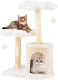 PETSITE 32 Inch Wood Cat Tree, Multi-Level Small Cute Cat Tree with Sisal Scratching Posts, Cat Condo, Soft Long Plush Covered Perches, and Dangling Balls