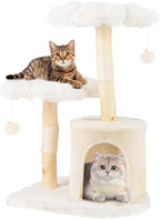 PETSITE 32 Inch Wood Cat Tree, Multi-Level Small Cute Cat Tree with Sisal Scratching Posts, Cat Condo, Soft Long Plush Covered Perches, and Dangling Balls