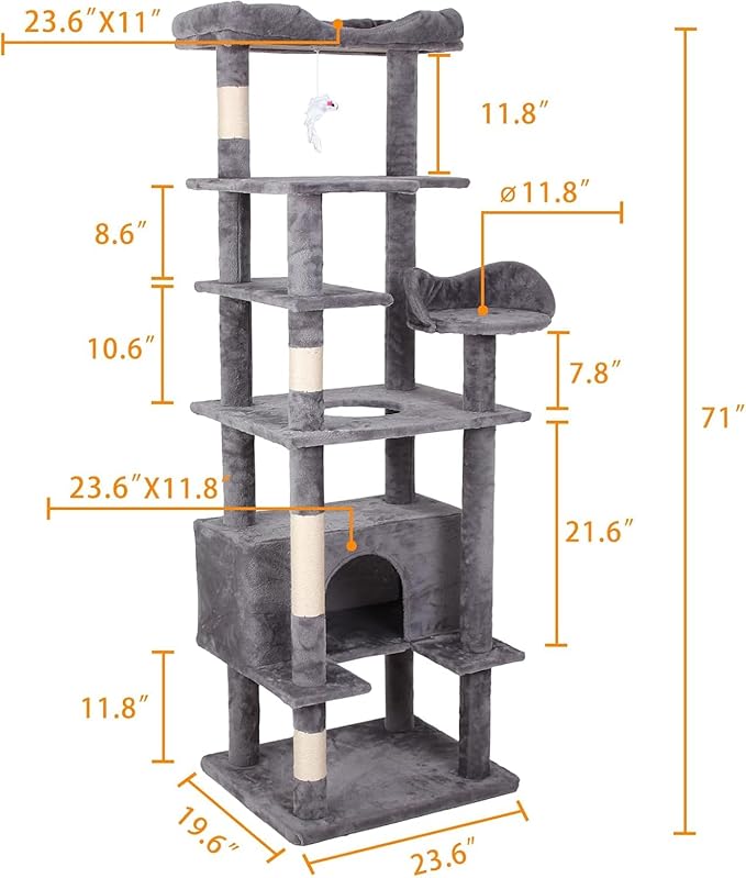 GarveeLife Cat Tree, Tall Cat Tower Condo for Indoor Large Cats, Cat House Furniture with Padded Plush Perch Sisal Scratching Posts