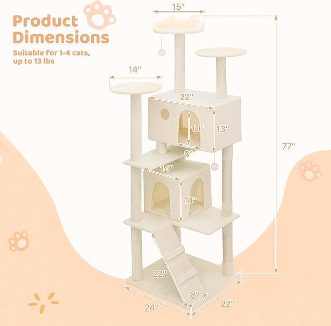 Tall Cat Tree with Scratching Post, 2 Cat Condos and Ladder, Cat Tower for Indoor Cats Kittens Climbing Tower with Anti-Tipping Rope, 77 Inch, Beige