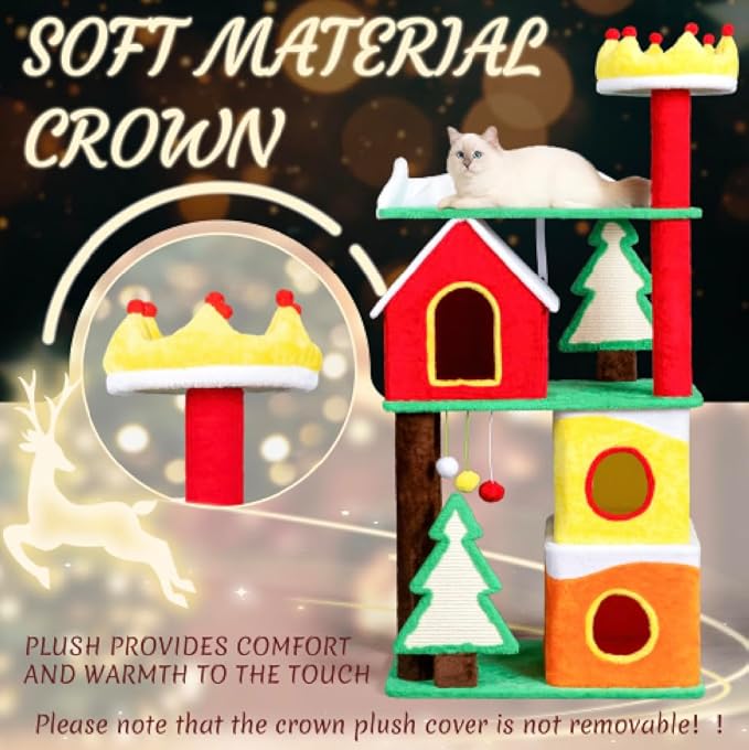 VINGLI 56IN Christmas Themed Plush Cat Tree, Multi Level Large Cat Tower for Indoor Cats with 3 Condos, Crown Top Perch, Xmas Tree Sisal Scratching Ramps, Posts & Hanging Balls Pet Activity Center