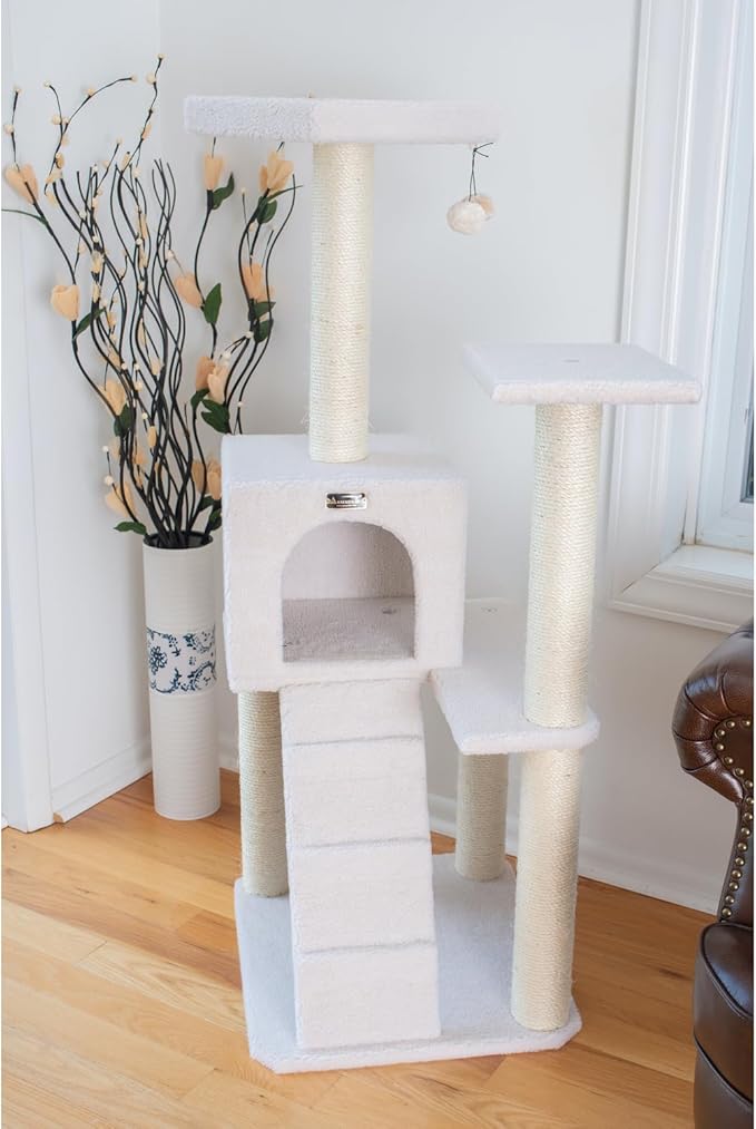 Cat Tree - 50" Plaid Cat Condo with Scratching Posts, Lounger & Veranda