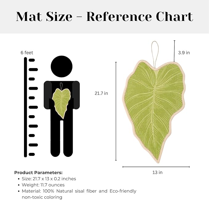 Botanical Leaf Cat Scratching Mat – Leaf-Shaped Natural Sisal Pad for Wall & Floor, Hanging Cat Scratcher with Catnip Pompom, Unique Indoor Jungle Decor & Furniture Protector (21.7 x 13 x 0.2 inches)