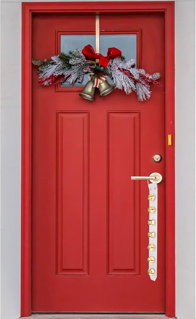 Frienda Hanging Jingle Sleigh Bells 7-Bell Dog Doorbells for Door Knob Faux Leather Belts Go Outside Dog Bells Christmas Decor and Holiday Decorations, 18.7 x 1.8 x 1 Inches(White with Gold)