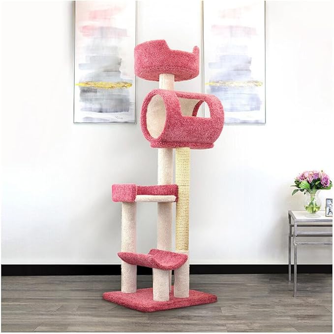 Retro Relaxation Multi-Level Cat Cat Climbing Tower Cat Tree, Solid Wood and Carpet Construction, Modern Cat Tree with Scratch Post and Sturdy Base