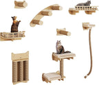 BYBYME 8 Pcs Cat Wall Climbing Set, Wood Cat Furniture with Scratching Posts, Kitten Perch, 100CM Sisal Rope & Cat Bed, Wall Mounted Cat Shelves for Sleeping, Playing & Relaxing（Natural Wood）