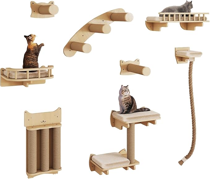 BYBYME 8 Pcs Cat Wall Climbing Set, Wood Cat Furniture with Scratching Posts, Kitten Perch, 100CM Sisal Rope & Cat Bed, Wall Mounted Cat Shelves for Sleeping, Playing & Relaxing（Natural Wood）
