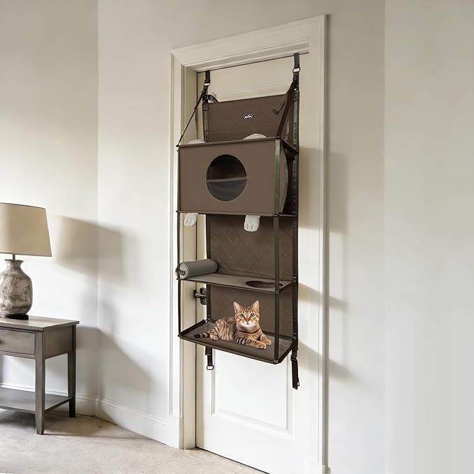Door-Mounted Cat Climbing Frame 4-Tier Cat Tree for 2-3 Cats, Indoor Height Adjustable Cat Playhouse with Removable Toys and Pillow, Space-Saving Vertical Cat Ladder for Apartments and Small Homes