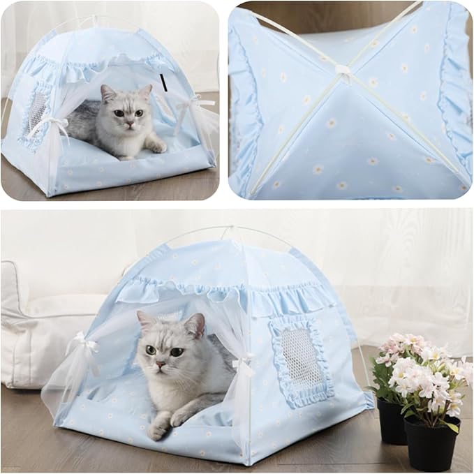Selena Cat Bed Tents Dog House Indoor Outdoor Lace Mesh Breathable Windows Door Curtains Removable Portable Nest Teepe House (Large,Blue)