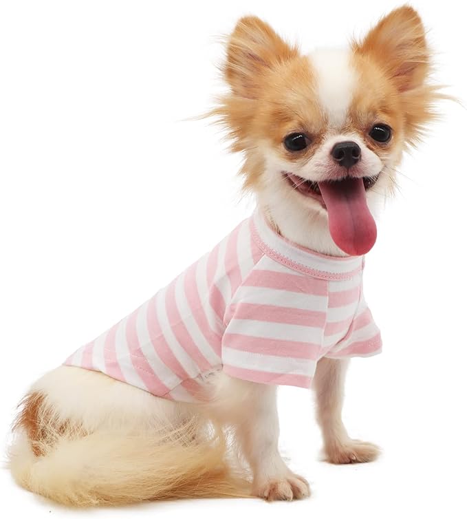 LOPHIPETS 100% Breathable Cotton Striped Dog Tee Shirt T-Shirt for Small Dogs Chihuahua Puppy Clothes -Pink and White Strips/M