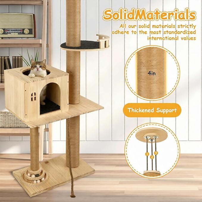 Cypherx Floor to Ceiling Cat Tree, 6 Tier Tall Cat Tower Adjustable Height (81-109 in), Modern Cat Tree Tower for Indoor Cats with Scratching Post, ransparent Capsule and Cozy Hammock, Wood