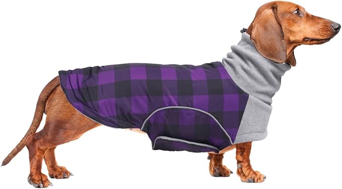 Dog Winter Coat,Dachshund Clothes,Waterproof Miniature Dachshund Jacket with Harness Hole,Dachshund Jumper with Turtle Neck,British Style-Purple Plaid-L