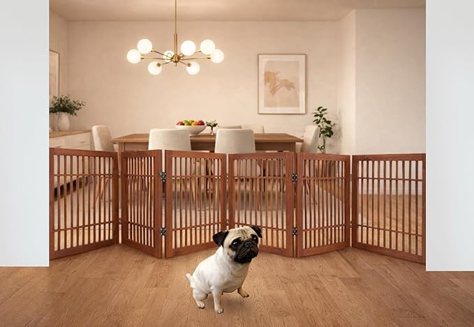 Urnporium Pet Dog Gate Freestanding, Strong Durable Folding Wooden Fence, Portable Acacia Hardwood Safety Barrier for Indoor & Outdoor Use (Brown Pet Gate, 6 Panel 24" Tall)