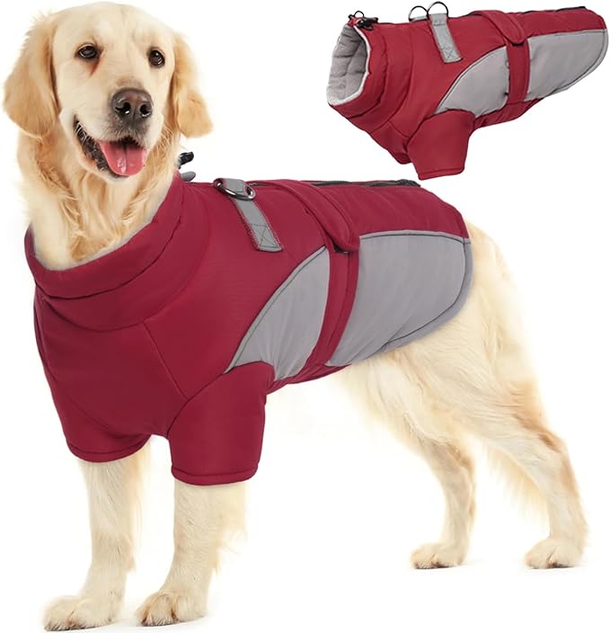 ROZKITCH Dog Winter Coat, Dog Coat for Autumn Winter with Turtleneck, Pet Clothes with Adjustable Waist Strap, Soft Warm Pet Clothing with Reflective Strip for Small Medium Large Dogs Dark Red 3XL