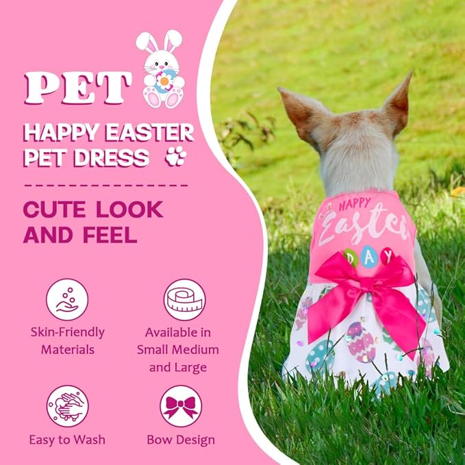 Dog Dress Girl Dog Dresses with Bowknot Tulle Princess Pet Clothes for Small Medium Large Dogs Girls Boys Cats Outfit Apparel (Large, Happy Easter)