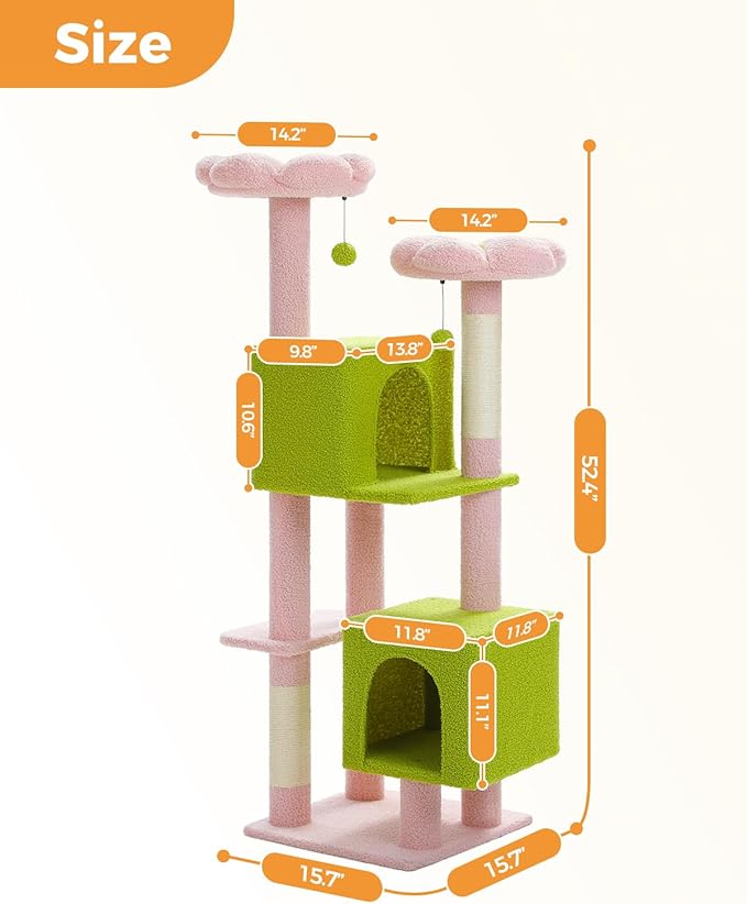 PEQULTI 53" Cat Tree for Indoor Cats, Multi-Level Cat Tower with Cozy Cat Condo Clearance Prime, Pink
