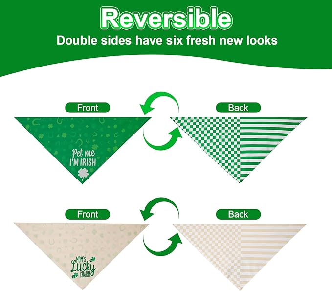 St. Patrick's Day Dog Bandanas XLarge 2PCS, 4 Pattern Green Scarf for Boy and Girl, Triangle Reversible Bibs Breed for Puppy Pets