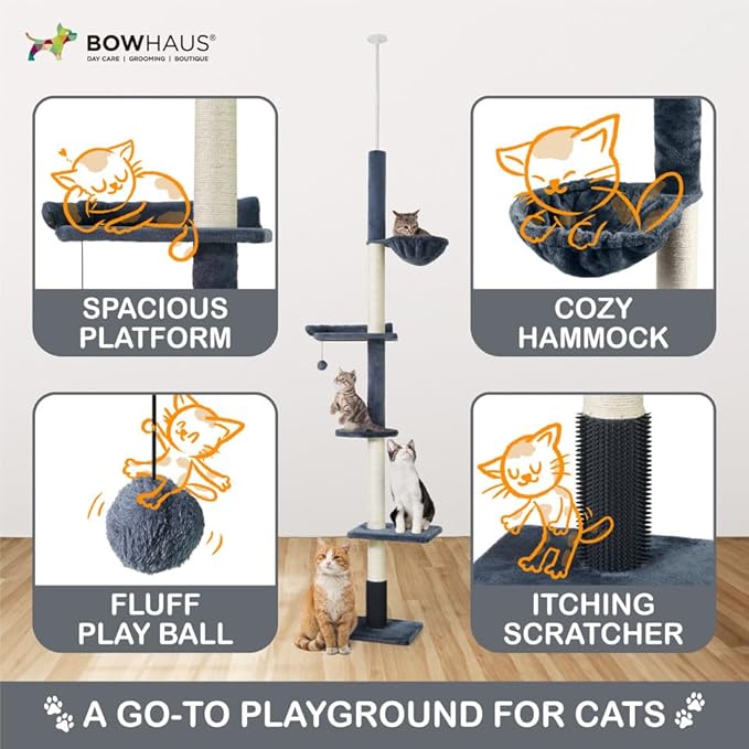 CAPHAUS Floor to Ceiling Cat Tree with Adjustable Height 104-115 Inch, Multi-Level Cat Tower with Itching Scratcher, Fluffy Playball, Platforms, Hammock for Indoor Cats, Beige