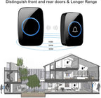 Wireless Doorbell, Waterproof Door Bell Kit, Distinguish front and rear doors, Over 1000 feet Range and 60 Chime, 5 Levels Volume and LED Flash, for Home Office Classroom