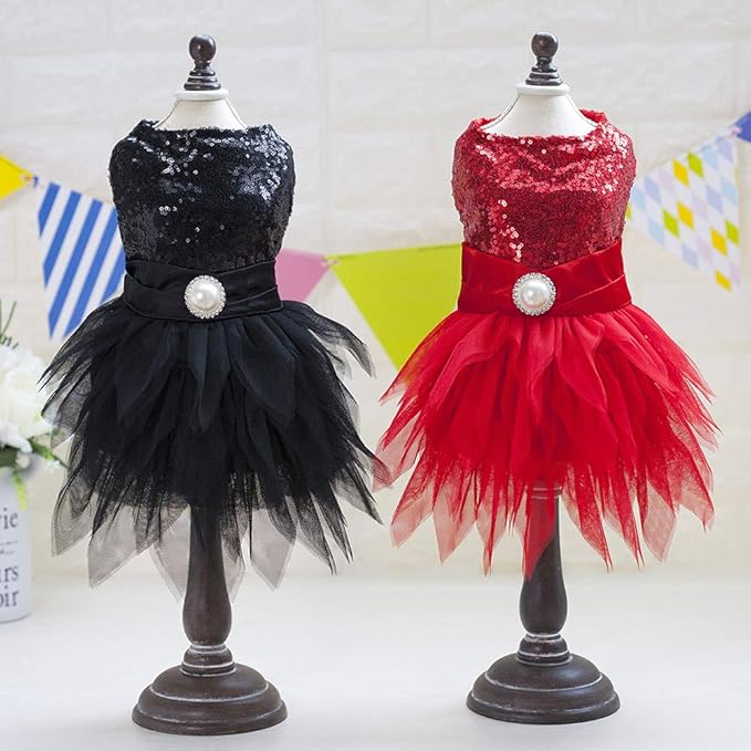 Tangpan Beam Waist Christmas Pet Costume Dog Dance Skirt Satin Camp Party Dress(Black,XS)