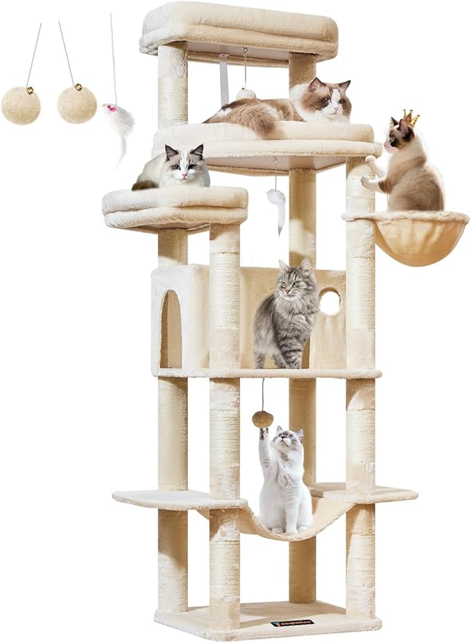 Taoqimiao 71 Inches Cat Tree for Large Cats 20lbs+, 3 Giant Perches, Multi-Level Cat Tree Tower, Widened Cat Condo with 9 Scratching Posts, Luxurious Hammcock & Basket, Beige, MS034M