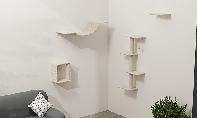Modern Wall-Mounted Cat Furniture Set-4pcs Deluxe Cat Wall Shelves with Plush Bridge,Steps, Scratcher & Sisal Cat Tree | Sturdy 22lbs Capacity,Space-Saving Vertical Playground,for Active Indoor Cats