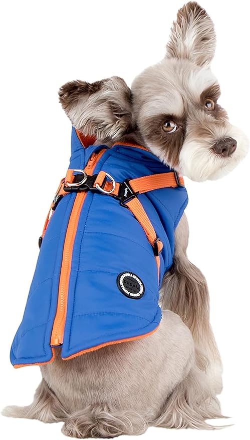 Puppia Mountaineer Winter Dog Coat with integrated harness No Pull Cold Weather Waterproof Warm Fleece Back Zipper for Small & Medium Dog, ROYAL BLUE, Small