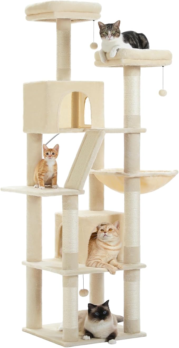 PEQULTI 71'' Cat Tree for Indoor Cats with Big Hammock, Tall Cat Tower for Large Cats with 2 Cat Condo, 2 Soft Top Perch, Scratching Posts and Pad, Beige