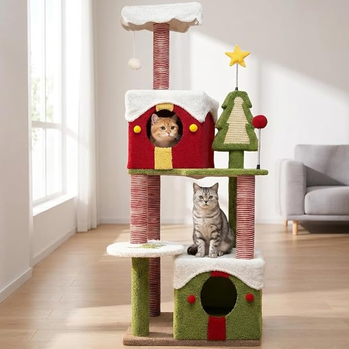 Cat Tree Tower with Cozy Condos, Multi-Level Green Cat Tower with Scratching Posts, Cat House Furniture with Snow Roof & Tree Design, Stable Cat Playground for Indoor Cats