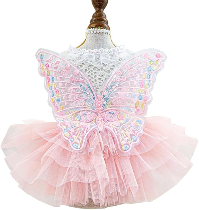 ANIAC Butterfly Dog Dress with Pink Tutu Funny Dog Clothes with Wing Girl Puppy Dress for Small Dogs Pet Butterfly Costume Holiday Cat Outfit for Halloween Birthday Wedding (Pink, X-Small)