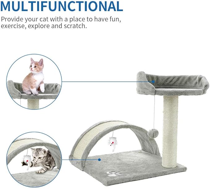 FluffyDream Cat Tree Condo with Scratching Post, Cat Tower Pet Play House with Toy, Grey, 17 Inch (43cm)
