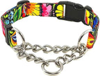 Martingale Dog Collar with Chain Stainless Steel, Nylon Dog Collar Flowers Pattern, Adjustable Training Walking Collar with Quick Release Buckle, Slip Chain Collar for Puppy Medium Large Dogs