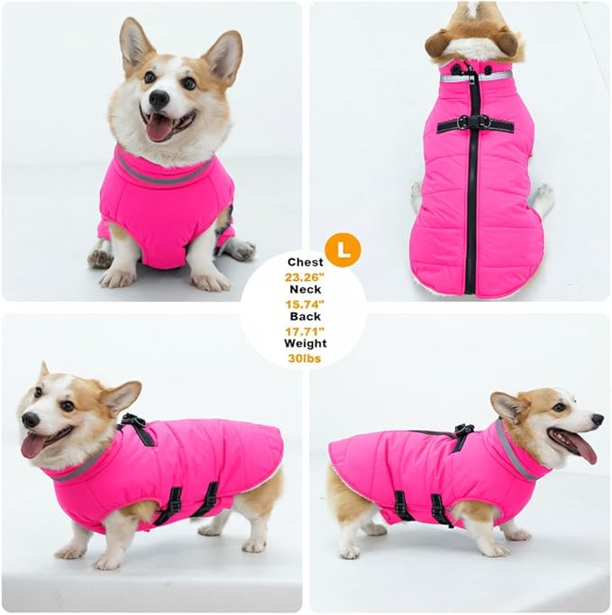 Mklhgty Medium Dog Coat with Harness Built-in, Waterproof Reflective Fleece Lined - Warm Windproof Winter Jacket with Back Zipper, Cold Weather Snow Dog Coats - Pink - M