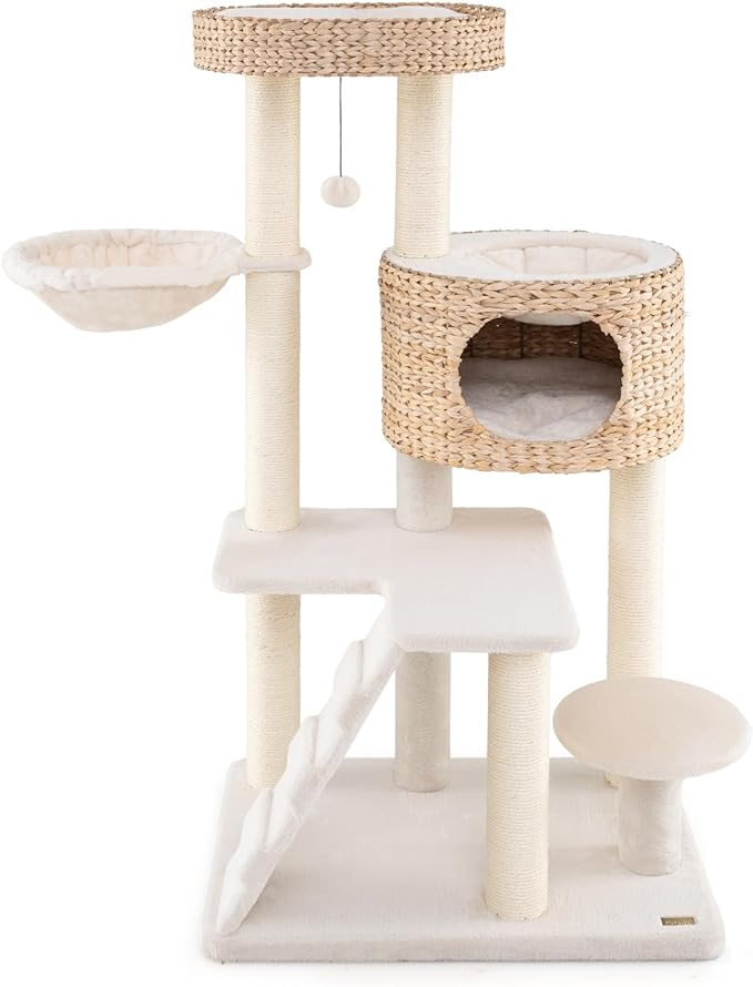 Tangkula Modern Cat Tree, 50 Inch Multi-Level Cat Tower with Cattail Fluff Condo & Top Perch, Hanging Basket, Platforms, Ladder, Dangling Ball, Sisal Scratching Posts for Indoor Cats