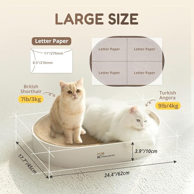 Extra Large Oval Cat Scratcher Lounge Bed - Heavy Duty Double-Sided Cardboard Scratching Pad, Modern White Cat Furniture & Sofa for Large Indoor Cats