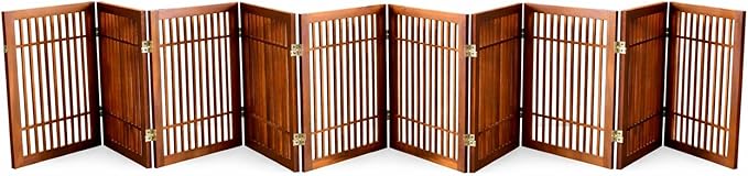 Urnporium Pet Dog Gate Freestanding, Strong Durable Folding Wooden Fence, Portable Acacia Hardwood Safety Barrier for Indoor & Outdoor Use (Brown Pet Gate, 10 Panel 24" Tall)