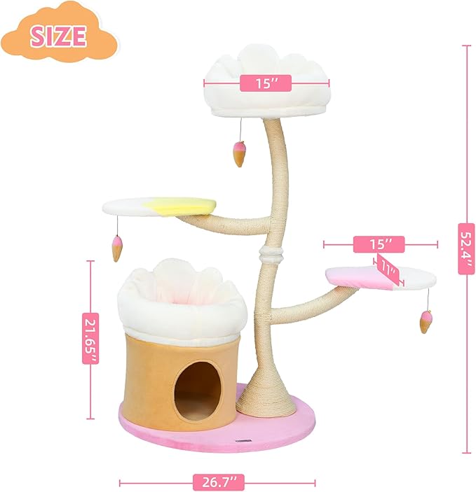 KAMABOKO 52.4" Flower Cat Tree, Cute Cat Tree House for Indoor Cats, Cloud Cats Tree Tower with Cat Condo, Sisal Scratching Posts, Hanging Toys for Playing