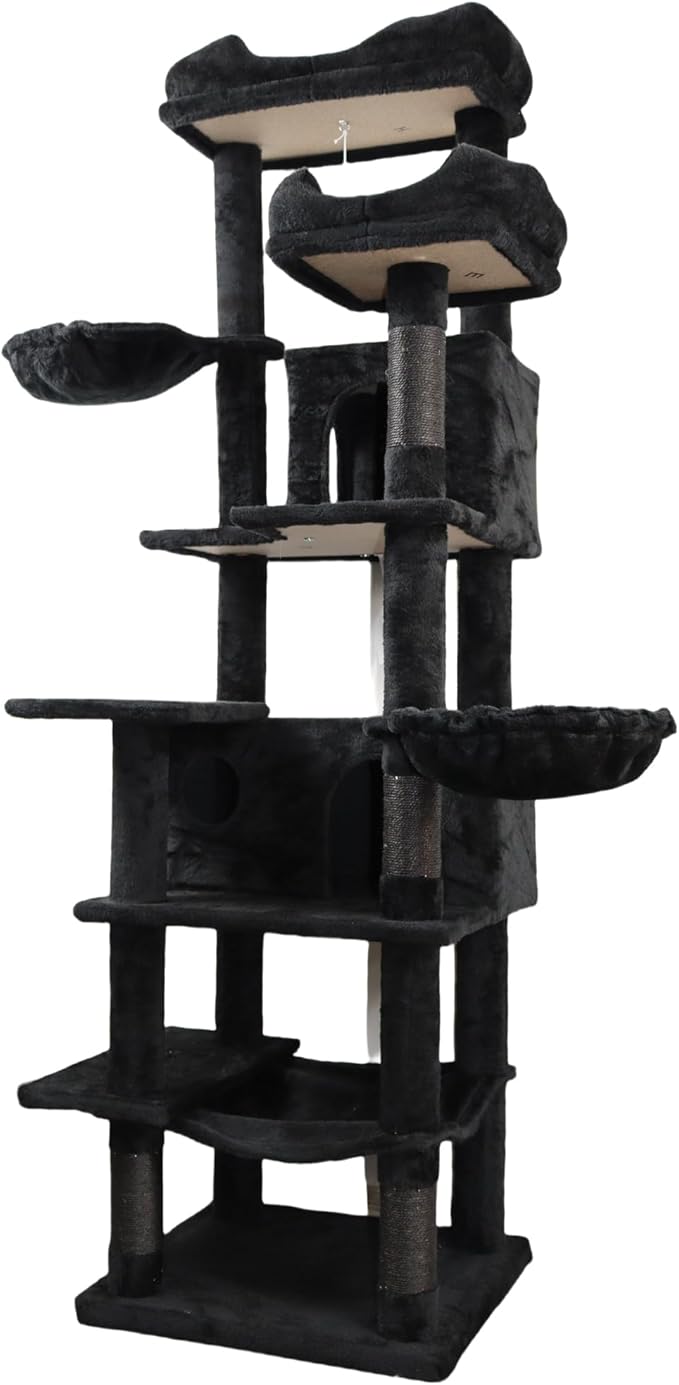 68 Inch Multi-Level Large Cat Tree - Sisal Scratching Posts & Removable Cushions, Cozy Hammock and Comfortable Hideaway, Tall Cat Tower for Indoor Cats (Black + Particle Board)