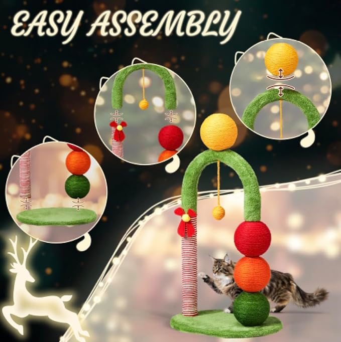 VINGLI 29IN Christmas Cat Tree Tower with Sisal Scratcher Balls, Holiday Cat Scratching Post with Candy Cane Pole & Dangling Ball Toy, Cute Indoor Cat Tree for Kittens & Adult Cats