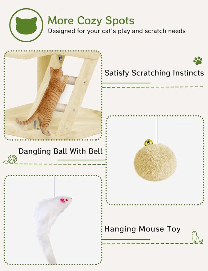 Cat Tree Tower 53 inch - Multi-Level Indoor Activity Center with Sisal Scratching Posts, Condo, Plush Perch & Hanging Toys for Large Cats (Beige)