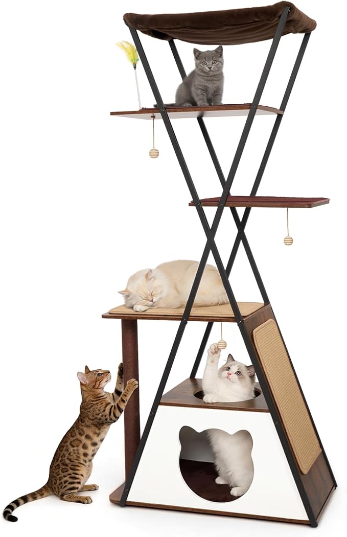71" Modern Wood Cat Tree for Large Cats—Heavy Duty Tall Cat Tower for Indoor Cats, Multi-Level Cat Furniture with Condo, Large Perch, Scratching Posts & Hammock (Burnt Wood with White Cave)