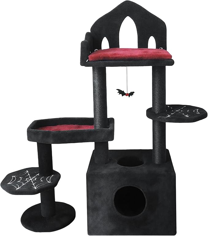 Gothic Cat Tree Tower 44.5" - Spooky Cat Condo with Throne Bed, Hanging Bat, Sisal Scratching Posts & Multi - Level Platforms, Elegant Black Cat Furniture for Indoor Cats