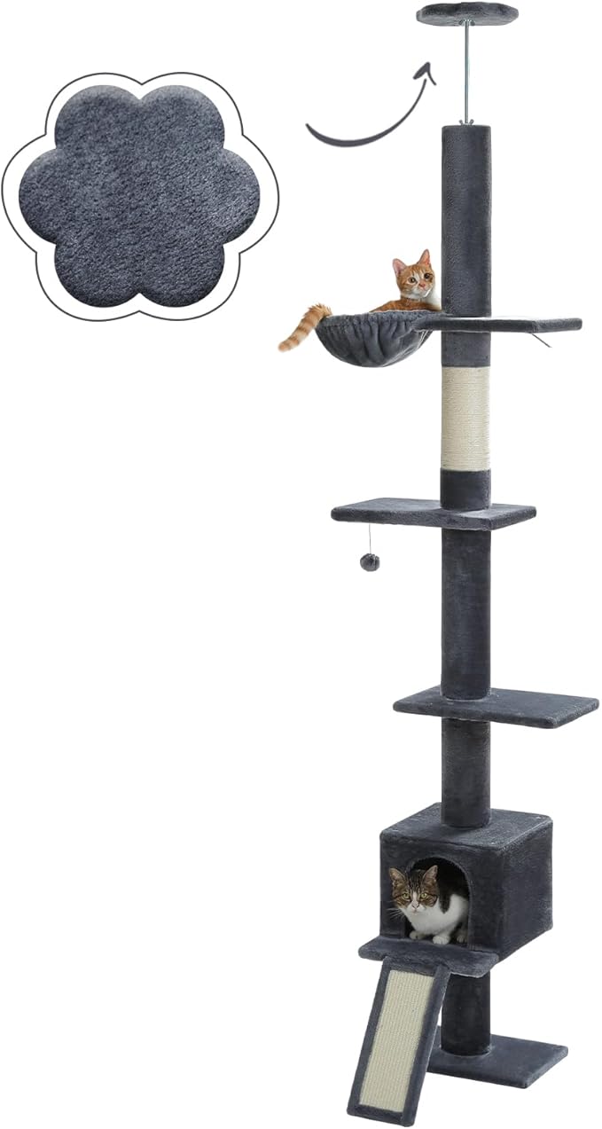 PETEPELA Floor to Ceiling Cat Tree, Cat Tower 5 Tiers Tall (83-108 Inches) Adjustable Height, Cat Climbing Tree Featuring with Condo, Scratching Post and Perches for Indoor Cats, Daek Grey