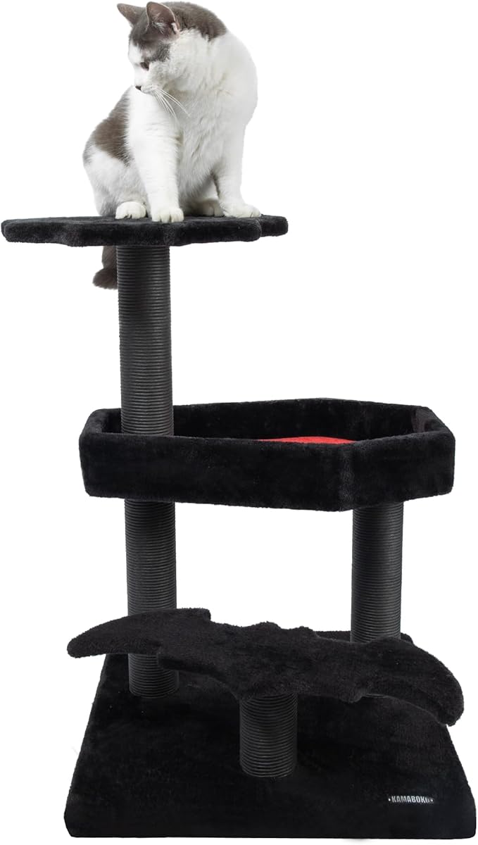 KAMABOKO Gothic Cat Tree with Coffin Bed, 30.3” Black Cat Tower for Indoor Cats with Scratching Posts for Halloween Cat, Black and Red